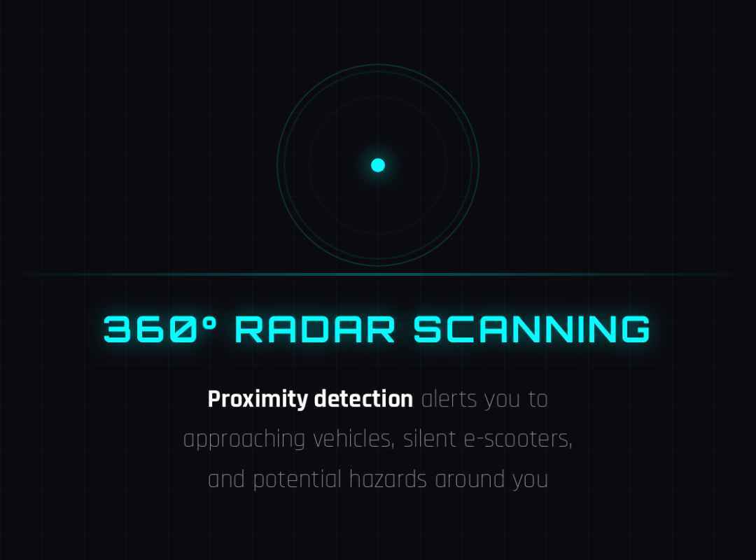 360 degree Radar Scanning: proximity detection alerts you to approaching vehicles, silent e-scooters, and potential hazards around you